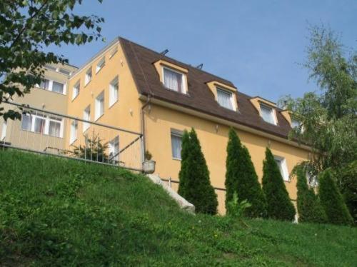 a building on a hill with trees in front of it at Pension Zlata Noha in Bratislava