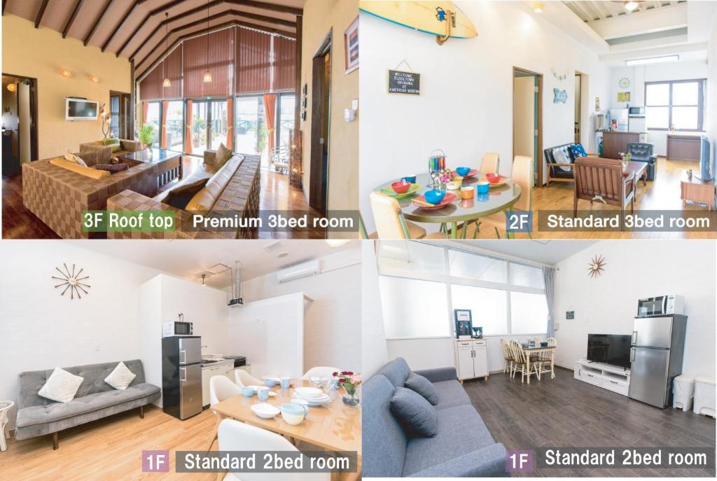 four views of a living room and a dining room at El Sol Town Okinawa in Chatan