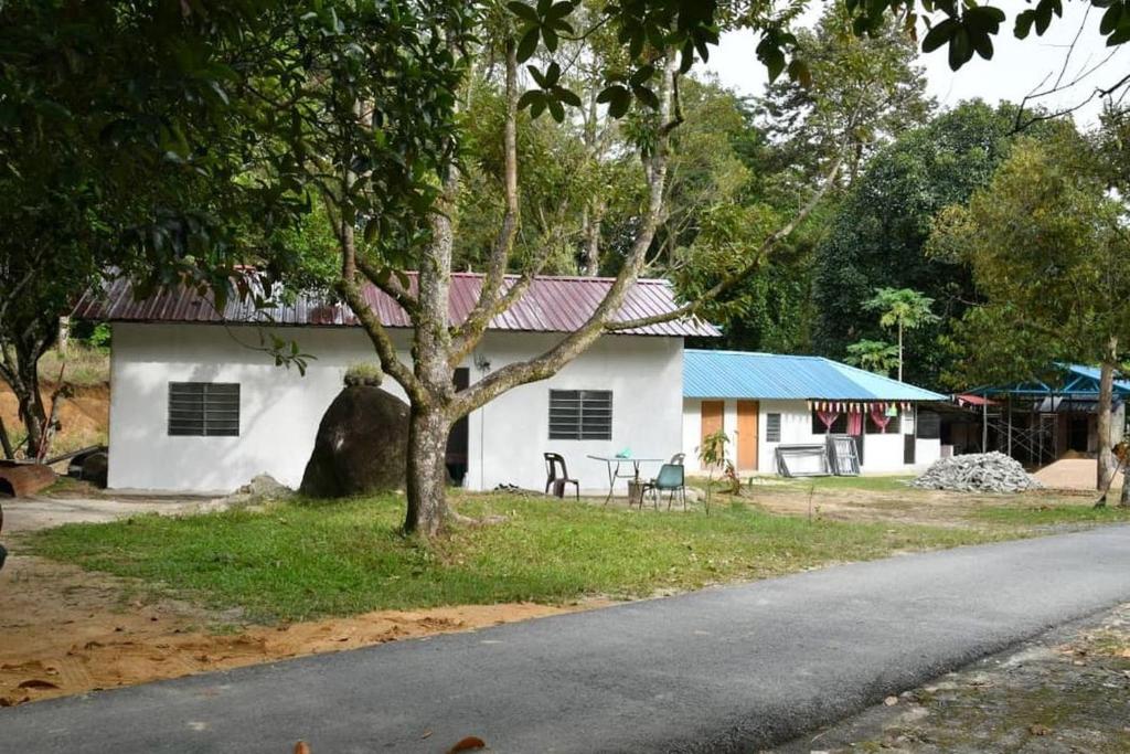 a white house with a tree next to a street at Lubok Jong Riverside, Sedim in Kulim