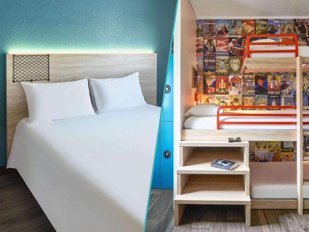 um quarto de hotel com uma cama e uma estante de livros em HotelF1 Paris Saint Ouen Marché Aux Puces em Paris