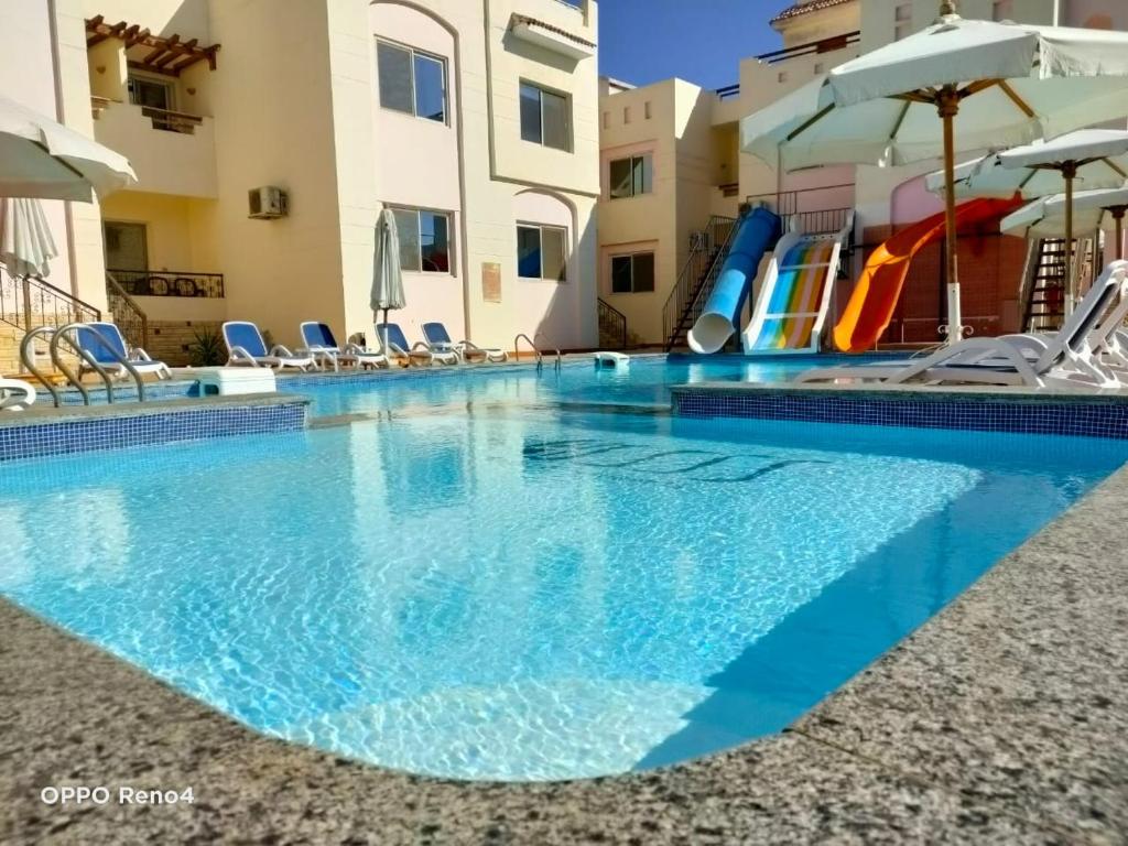 a large swimming pool with chairs and umbrellas at 4S Hotel Dahab in Dahab