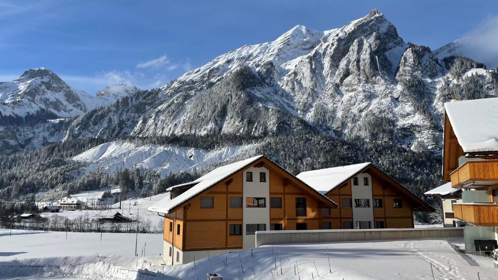 a building with snow covered mountains in the background at Büelbad - Relax Holiday Apartment in Kandersteg