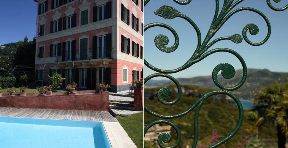two pictures of a building and a swimming pool at Villa Rosmarino in Camogli