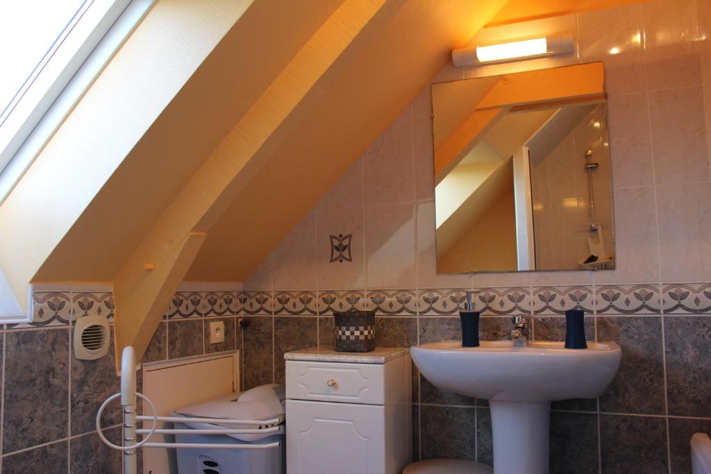 a bathroom with a sink and a mirror at Gîte La Loussaudrie in Pontmain