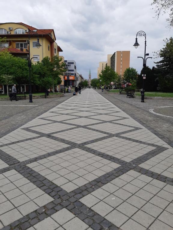 una strada con un grande disegno a croce sul terreno di Kossuth Apartman a Budapest