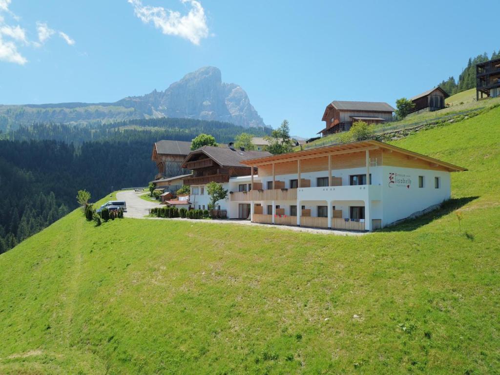 una casa en una colina con un campo verde en Hotel Elisabeth Panorama, en Antermoia