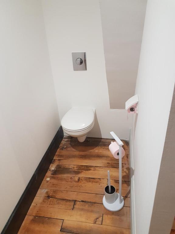 a bathroom with a toilet and a wooden floor at Le Betrot in Estissac