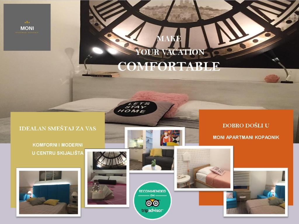 een collage van foto's van een kamer met een klok bij MONI Luxury Apartments in Kopaonik