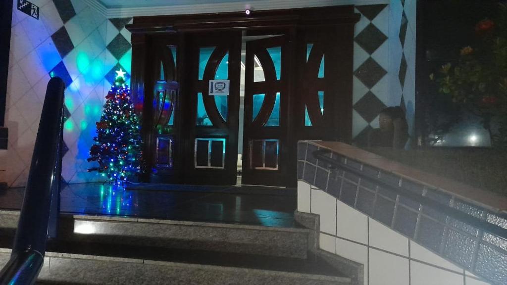 Un albero di Natale seduto davanti a una porta di María Cristina ,ar,Wi-Fi e tv a cabo a Praia Grande