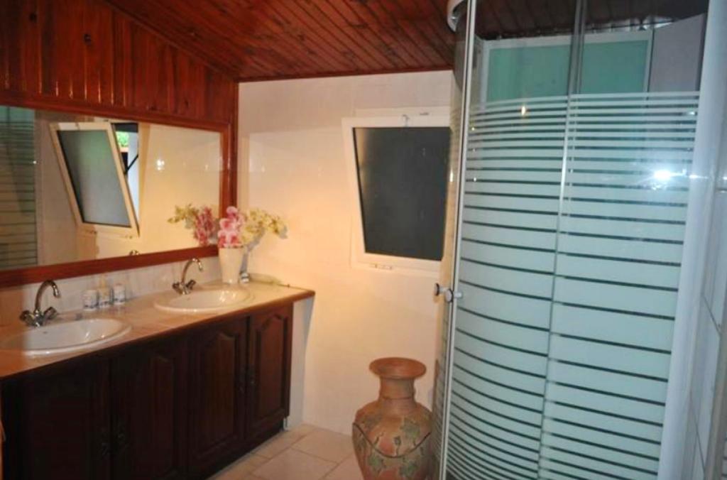 a bathroom with two sinks and a glass shower door at Maison de 3 chambres avec vue sur la mer jardin clos et wifi a La Plaine des Cafres in La Plaine des Cafres