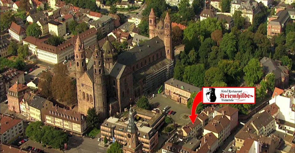 an aerial view of a large building in a city at Hotel Kriemhilde in Worms