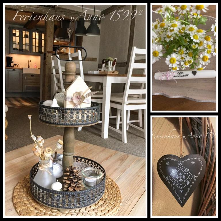 a collage of three pictures of a room with a table at Ferienhaus Anno 1599 in Wernigerode