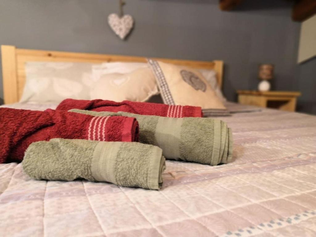 2 cuscini sono disposti su un letto di Appartamento la Torre Vinadio a Vinadio