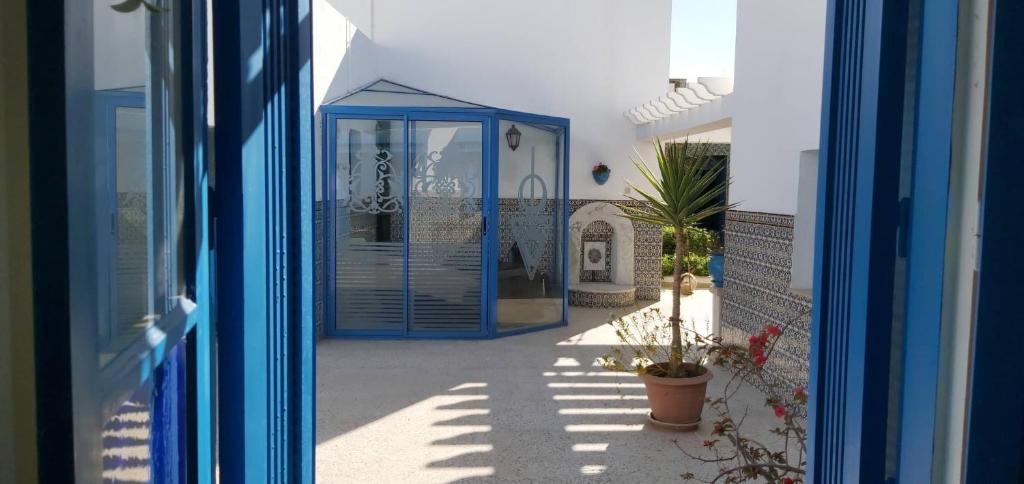una puerta azul en un edificio blanco con plantas en Dar El Goulli en Hammam Sousse