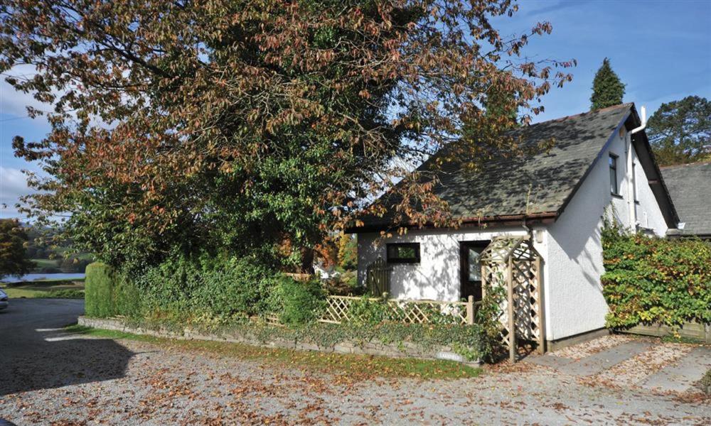 una piccola casa bianca situata sul ciglio di una strada di Lakefield Cottage a Hawkshead
