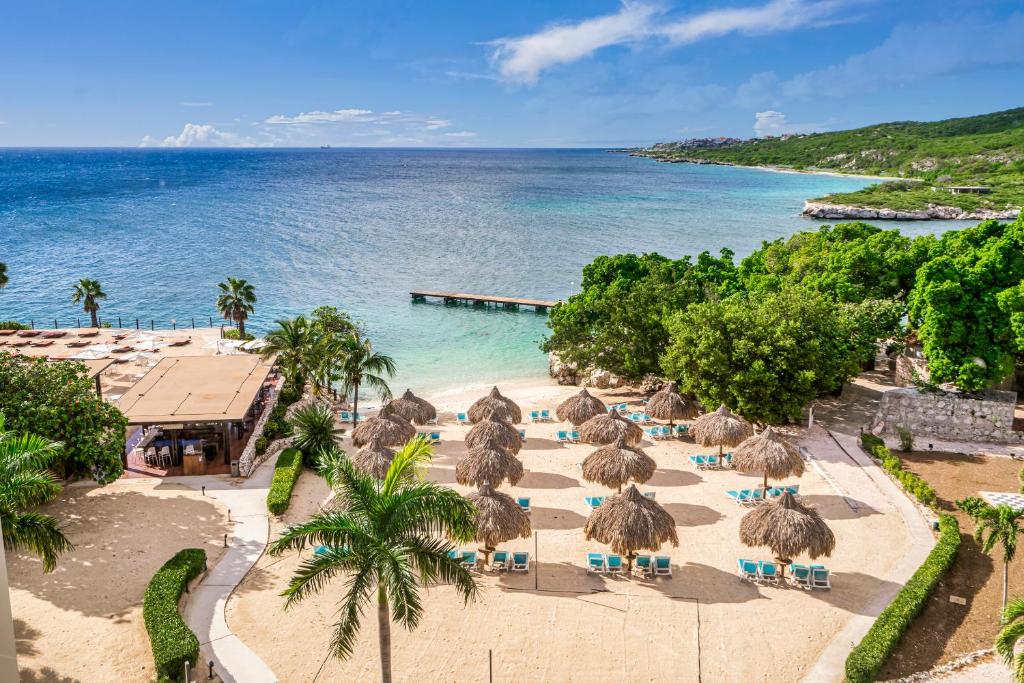 a beach filled with lots of beach chairs and umbrellas at Dreams Curacao Resort, Spa & Casino in Willemstad