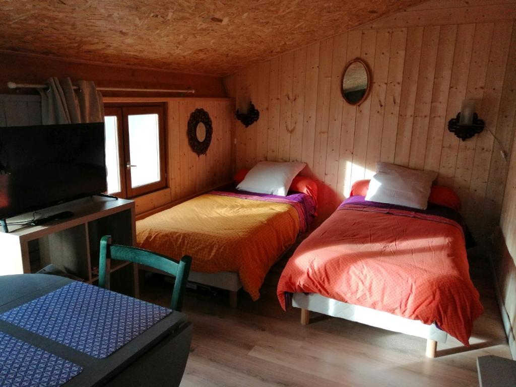 a bedroom with two beds and a television in it at les 2 studios indépendants du clos de l'Ange in Rieux