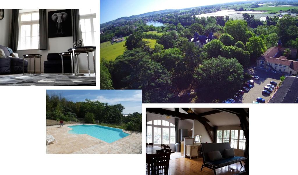 un collage de fotos de una casa con piscina en Orangerie du Château Marith - Chambres et Gîtes avec Piscine, en Clairac