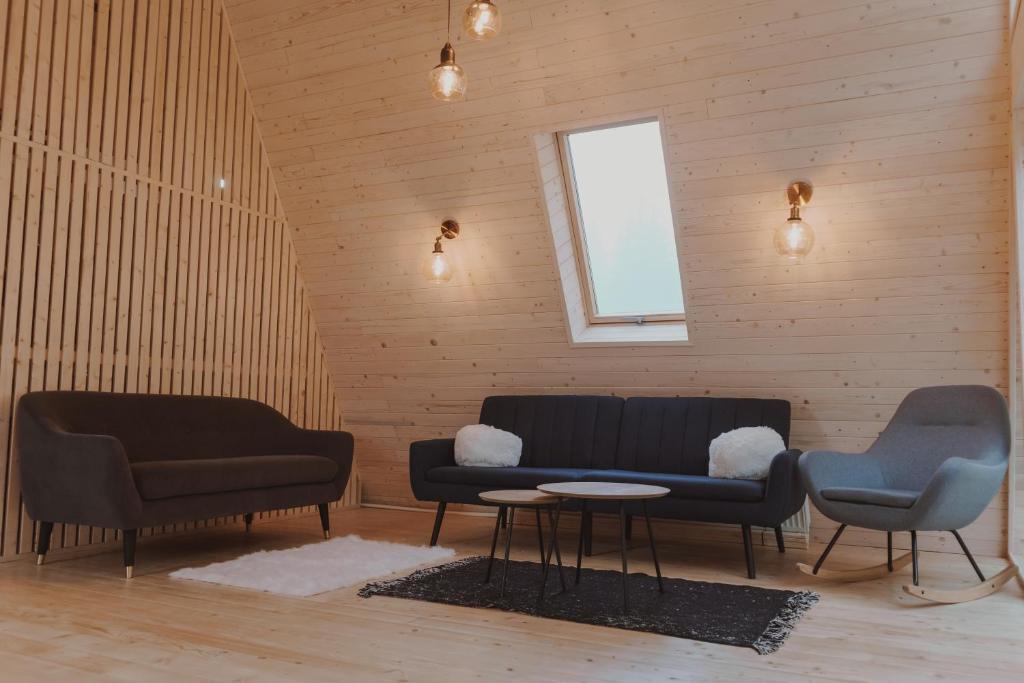 Habitación con 2 sillas, sofá y mesa en Cabana Tinovo en Dornişoara