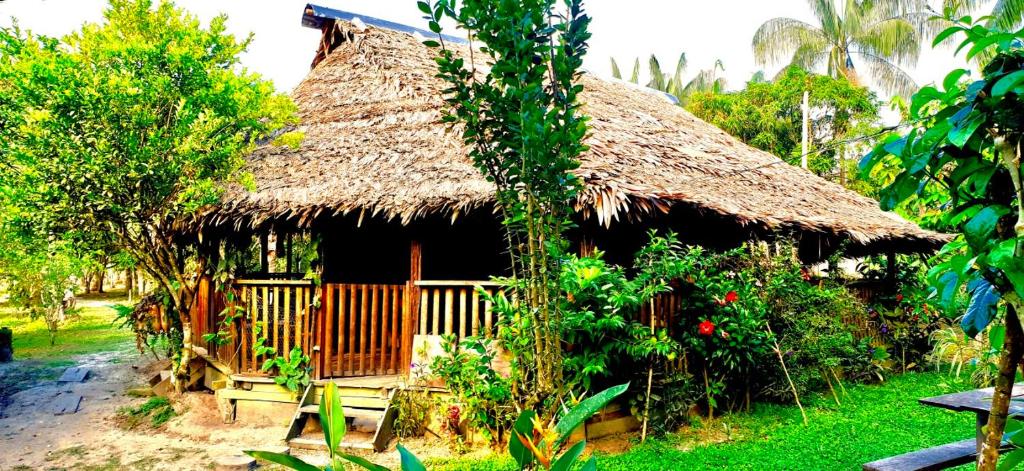 eine kleine Hütte mit einem Strohdach und Bäumen in der Unterkunft Bungalow In The Jungle -Ecolodge HUITOTO in Leticia