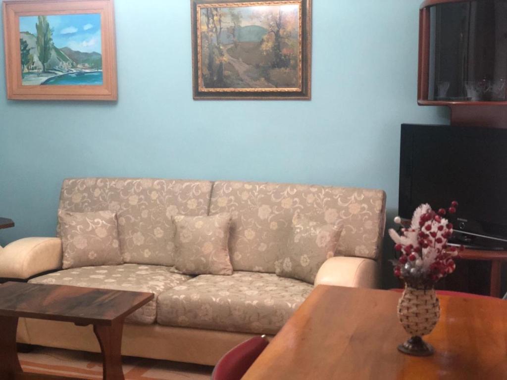 een woonkamer met een bank en een tafel bij Appartamento centro in Pogradec