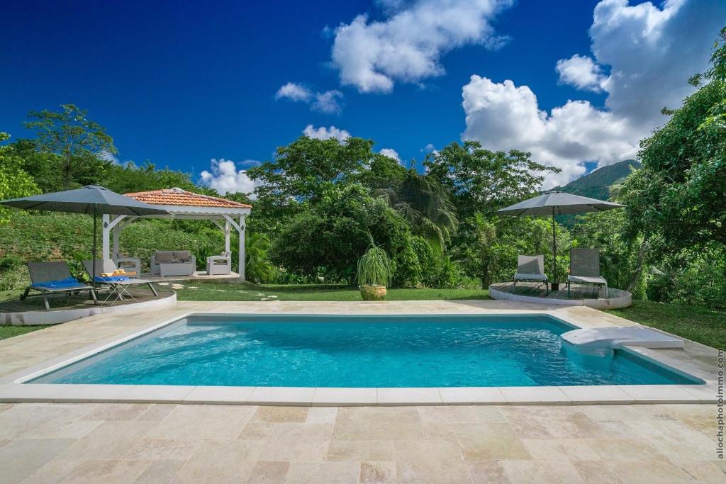 a swimming pool in a yard with two umbrellas at Le Havre de Paix - Le François in Le François