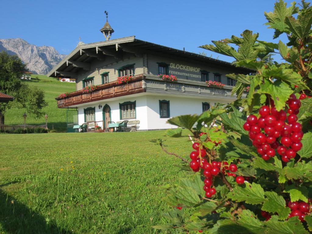 una casa con moras rojas delante de ella en Chalet Glockenhof, en Walchsee