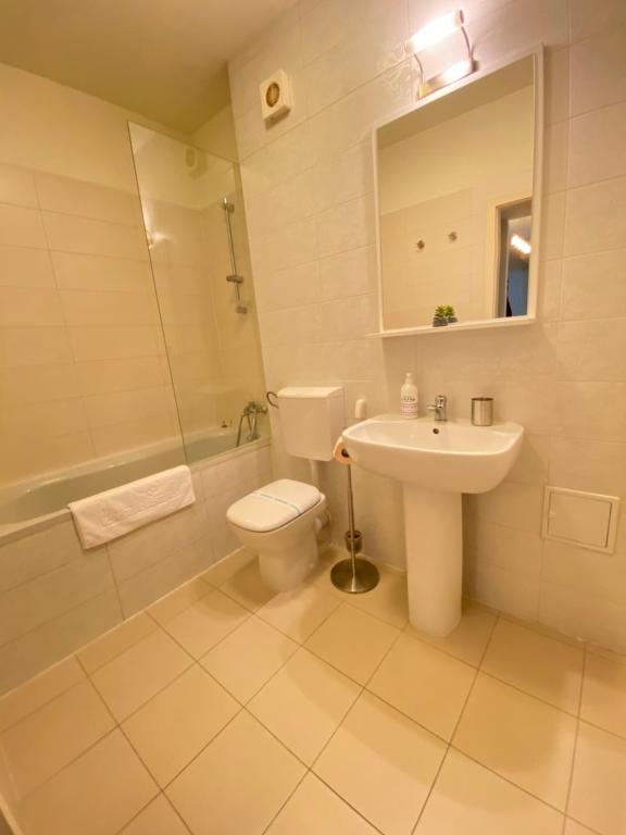 Baño blanco con aseo y lavamanos en Alpha Apartment en Brasov