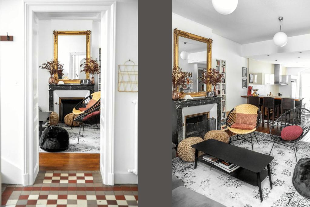 a living room with a fireplace and a mirror at La Demeure de Chemonton in Blois