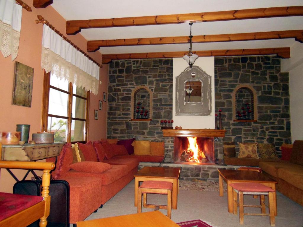 a living room with a couch and a fireplace at Gorgiani in Spercheiada