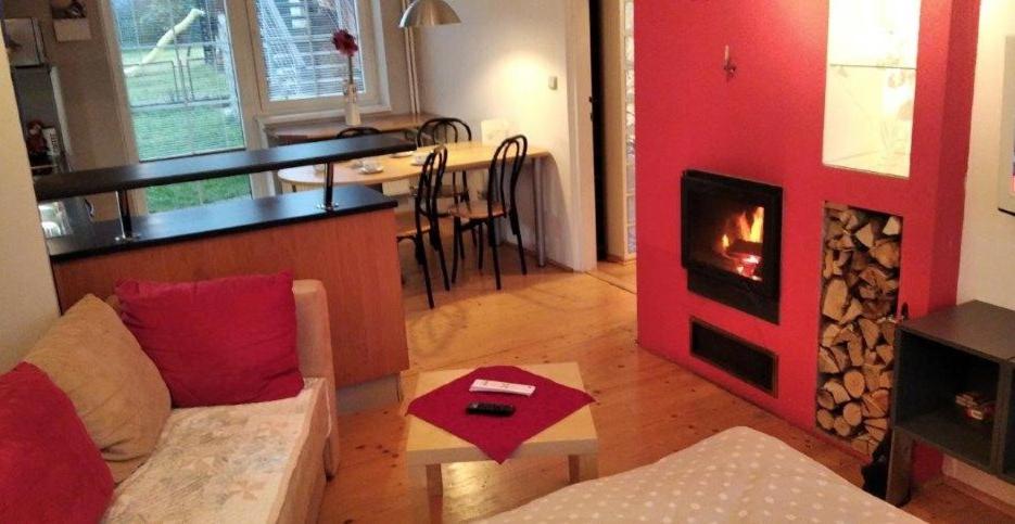 a living room with a couch and a fireplace at Apartmán v Liliové in Jablonec nad Nisou
