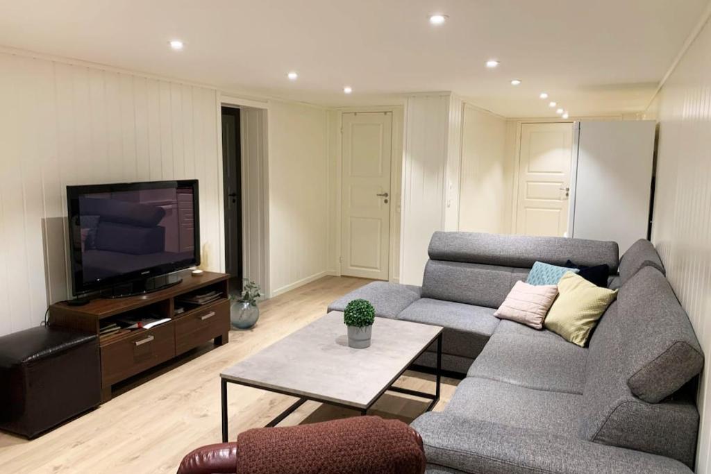 a living room with a couch and a tv at Newly renovated basement apartment in Sarpsborg