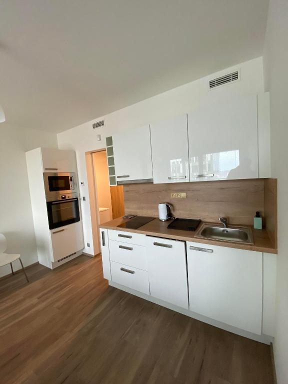 kuchnia z białymi szafkami i zlewem w obiekcie Apartment David O2 Arena Prague w Pradze