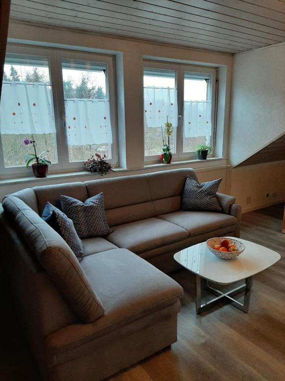 a living room with a couch and some windows at Ferienwohnung Beate 2 in Ziemetshausen