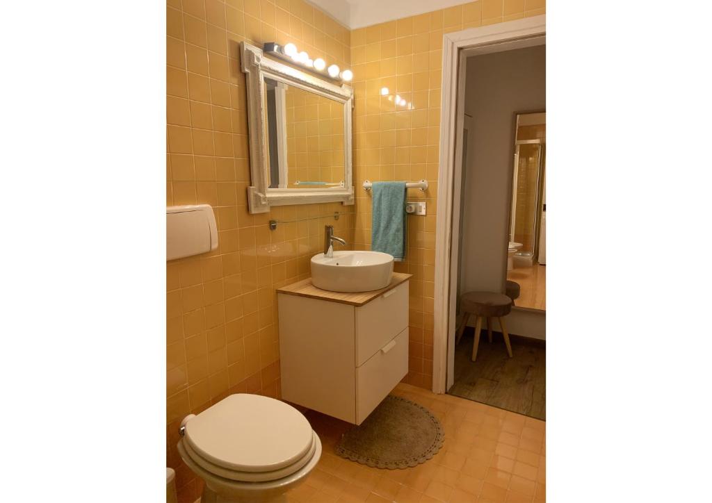 a bathroom with a white toilet and a sink at Appartamento San Pellegrino in Passo San Pellegrino