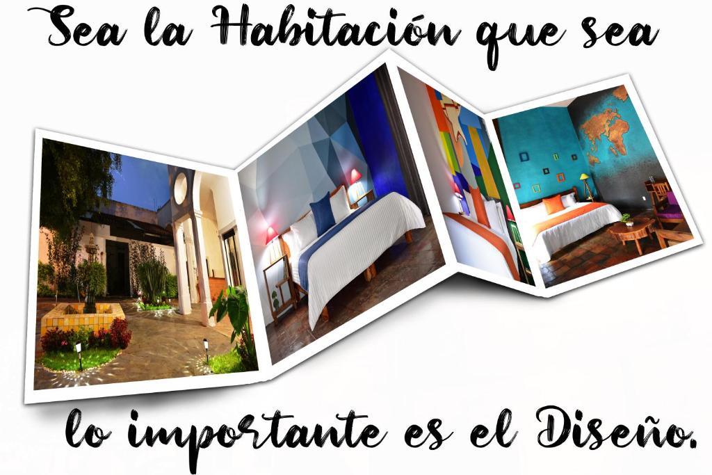 un collage di tre foto di una camera d'albergo di Tlaquepaque Pueblito a Guadalajara