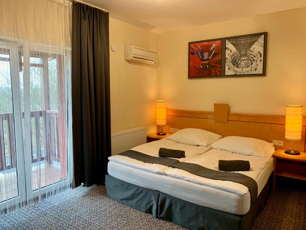 スウプスクにあるSłupsk forest - PREMIUM APARTAMENTS - Kaszubska street 18 - Wifi Netflix Smart TV50 - pleasure quality stayのベッドと大きな窓が備わるホテルルームです。