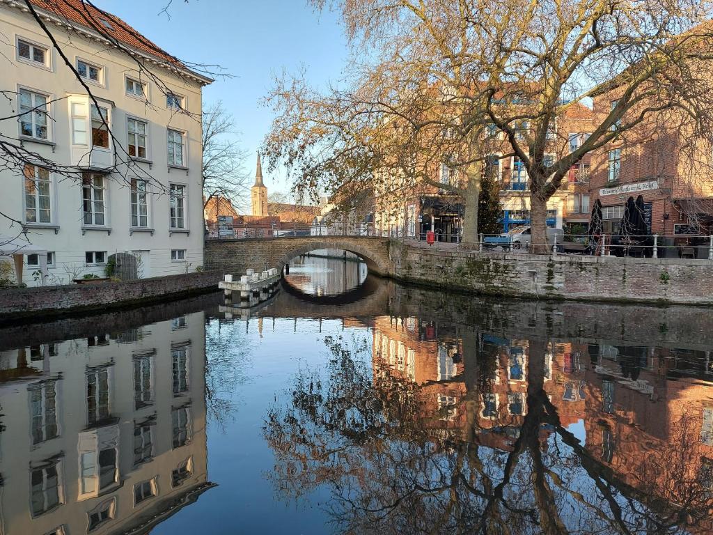 a river in a city with buildings and a bridge at B&B 't Walleke in Bruges