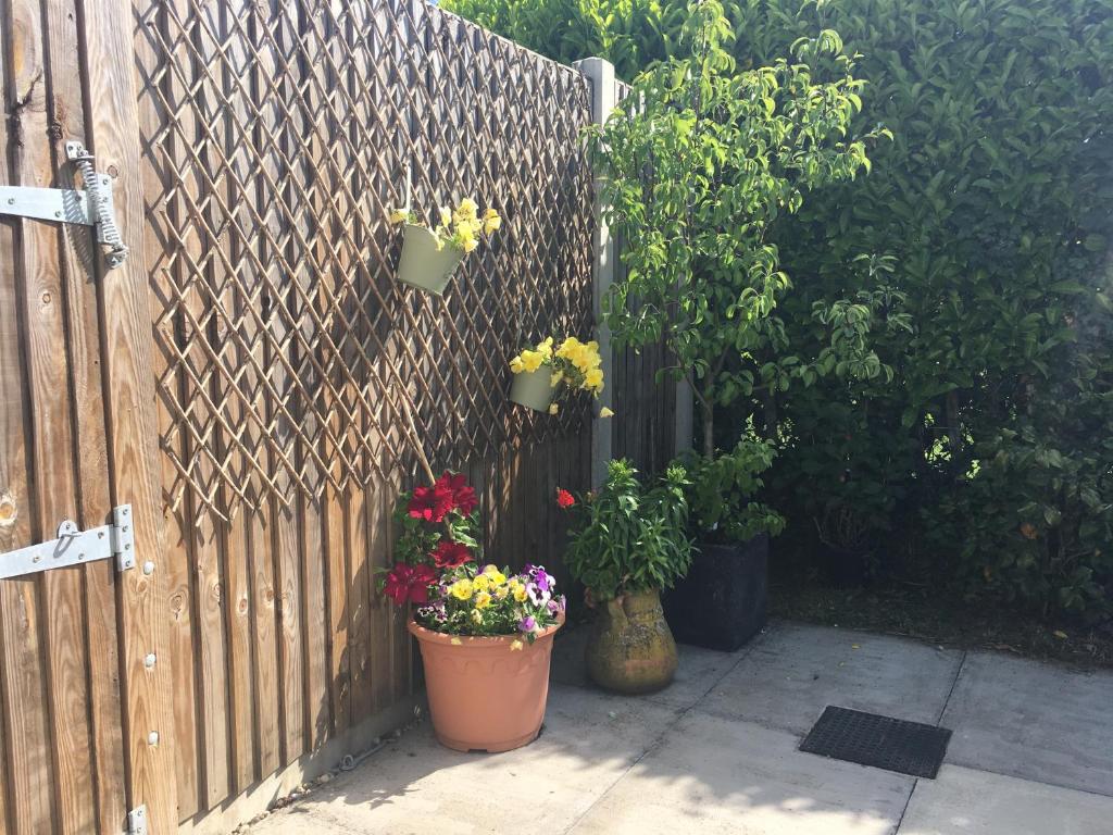 a fence with two potted plants and flowers on it at Leon Cottage in Thetford