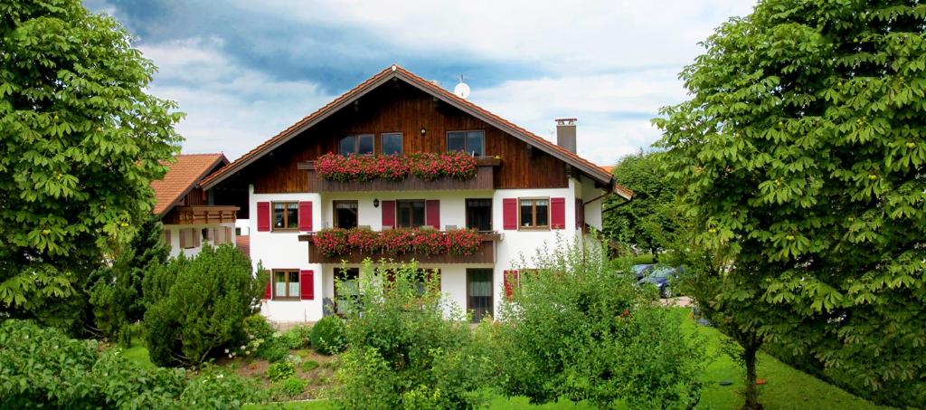 a house with flower boxes on the side of it at Gästehaus Hornblick in Oberstdorf