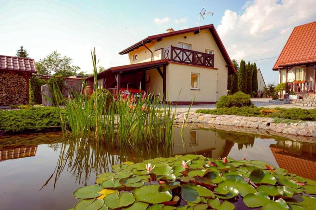 a house and a pond with lilies in front of it at Apartament na Mazurach in Ostróda