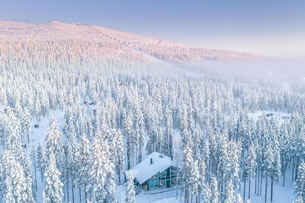 a snow covered forest with a house on a mountain at Karhupiha in Sirkka