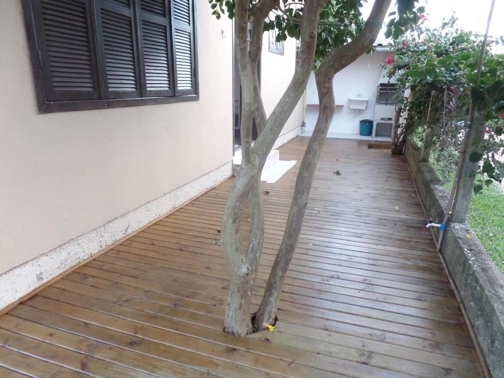 a wooden walkway with a tree on the side of a house at Canto da Cigarra I - Praia do Moçambique - FLORIANOPOLIS - SC in Florianópolis