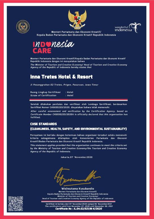 Certifikát, hodnocení, plakát nebo jiný dokument vystavený v ubytování Inna Tretes Hotel & Resort