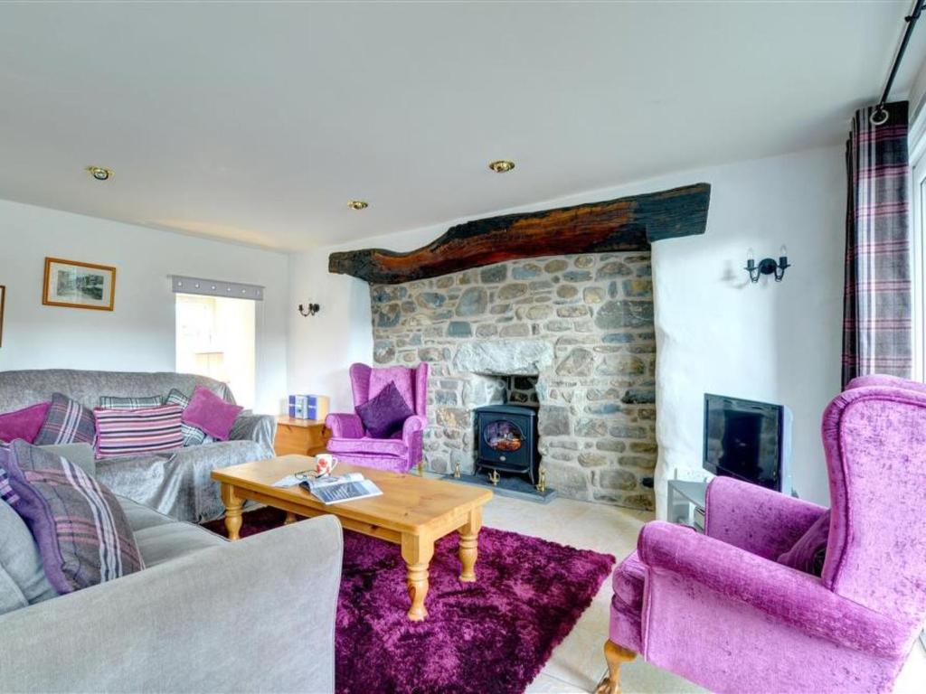 DyffrynにあるHoliday Home Tyn Llan by Interhomeの紫色の家具と石造りの暖炉が備わるリビングルーム