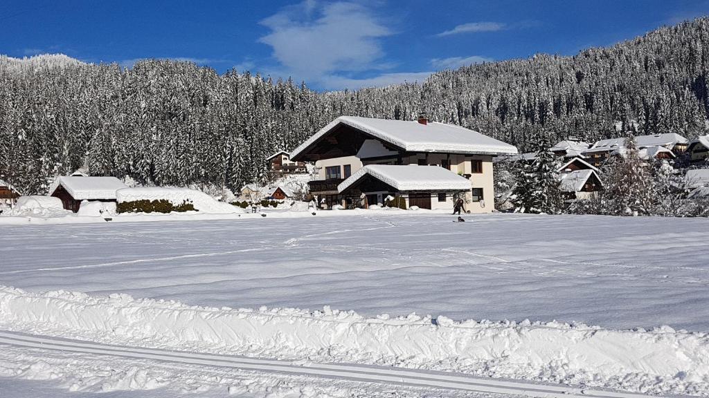 ヴァイスブリアッハにあるBerghaus Weissbriachの雪に覆われた野原でスキーをしている人