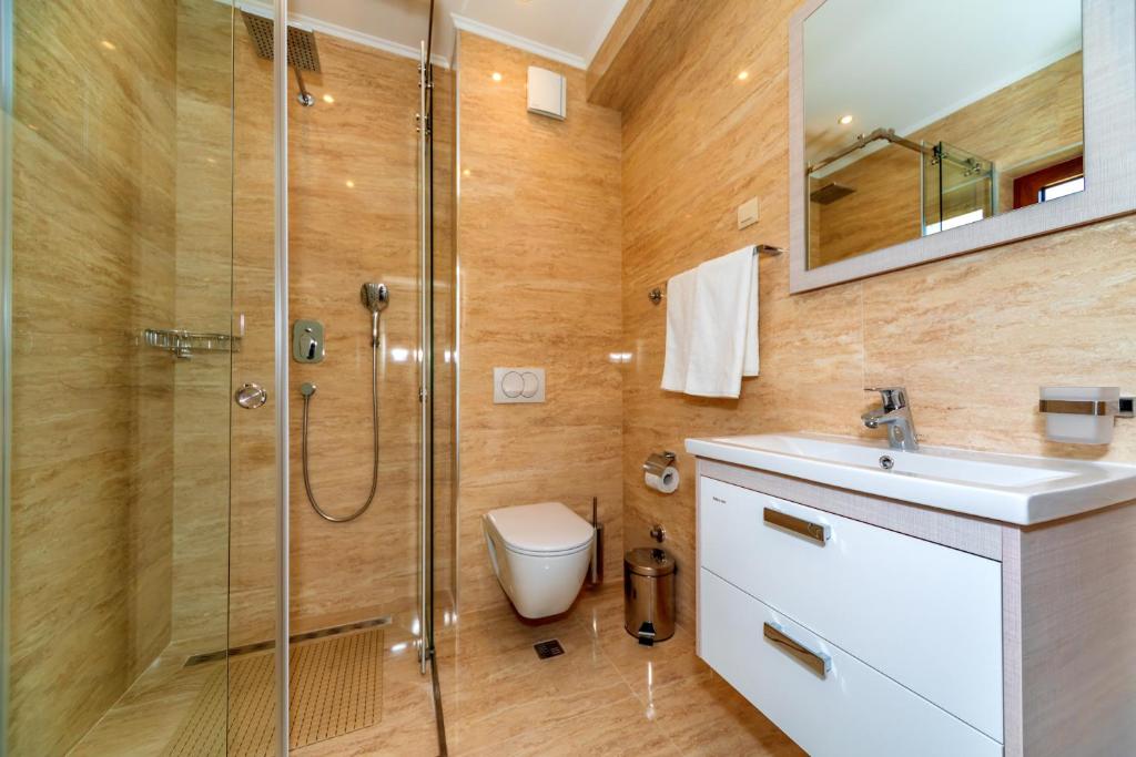 a bathroom with a shower and a toilet and a sink at Luxury Apartments Queen in Petrovac na Moru