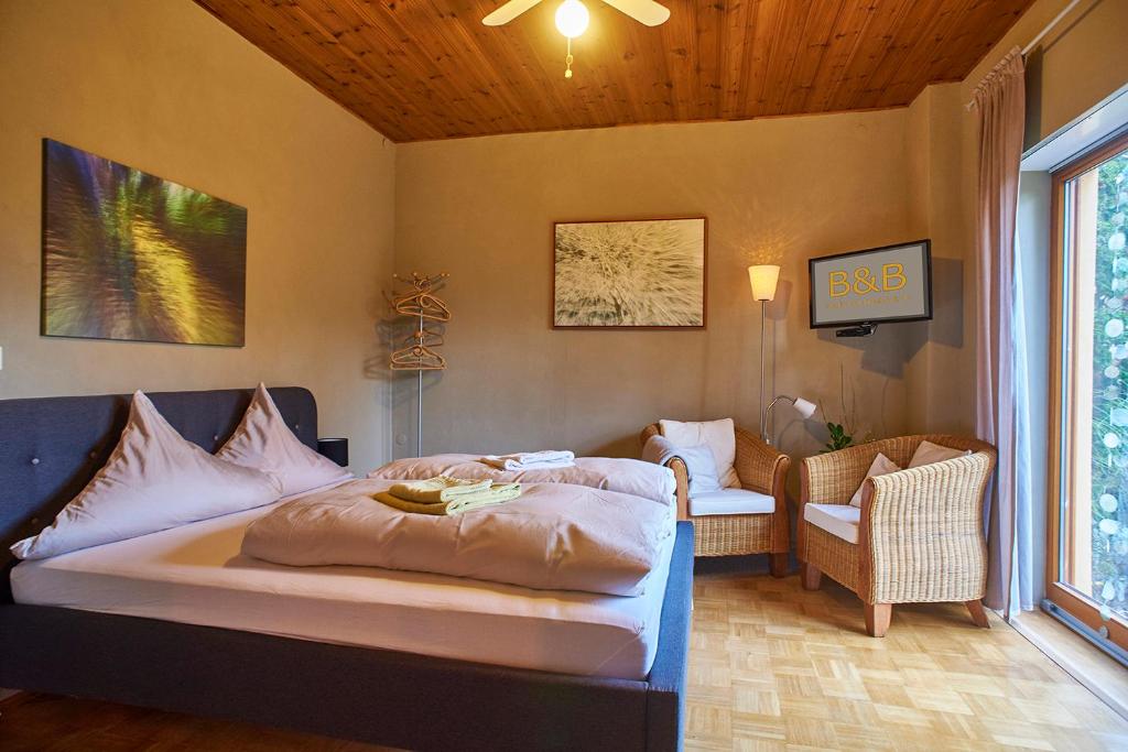 um quarto com uma cama e uma cadeira e uma televisão em Biggi‘s Bed&Breakfast em Flonheim