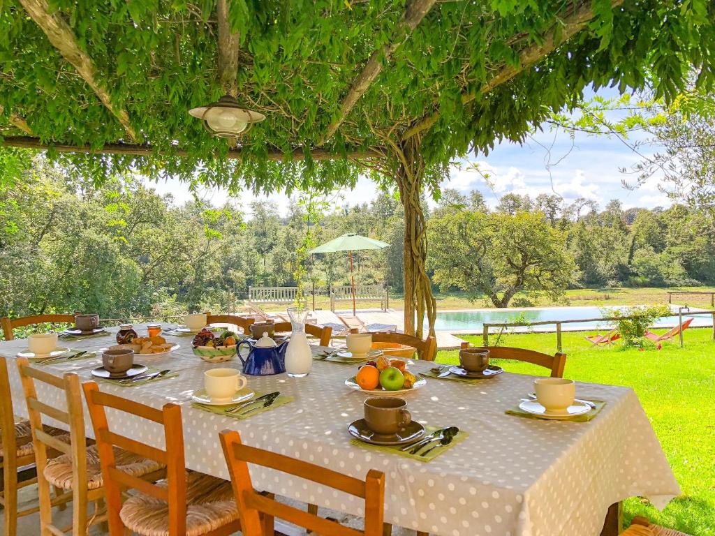 a table with food on it under an umbrella at podere campanella in Viterbo