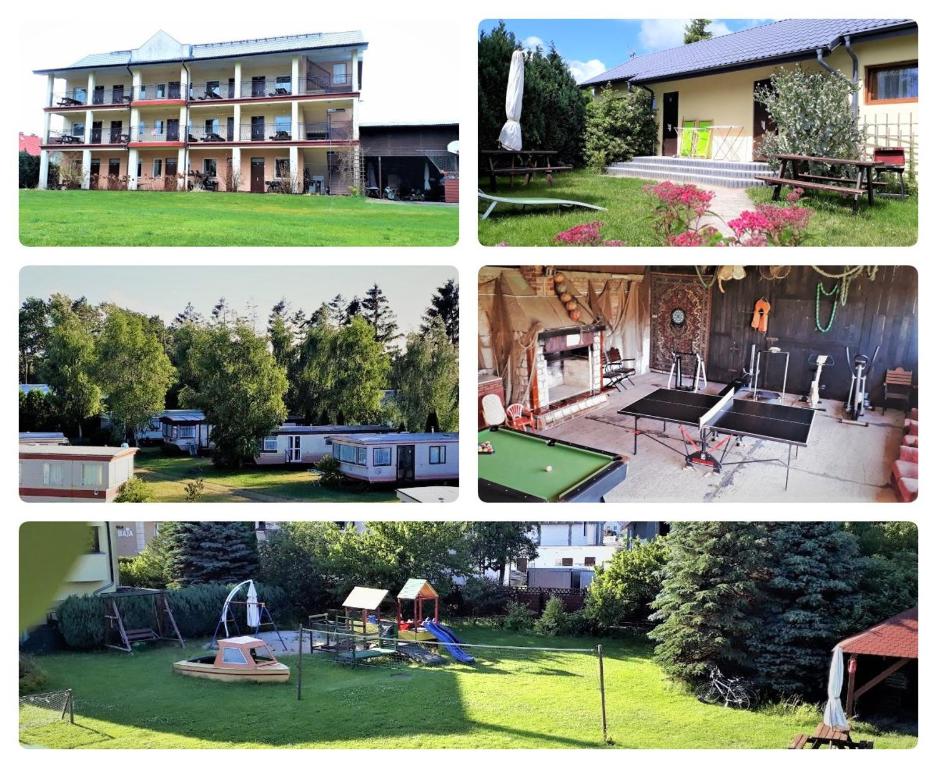 un grupo de cuatro fotos de una casa y un patio en OW Wilk - pokoje i domki z aneksami kuchennymi, parking, plac zabaw en Łeba